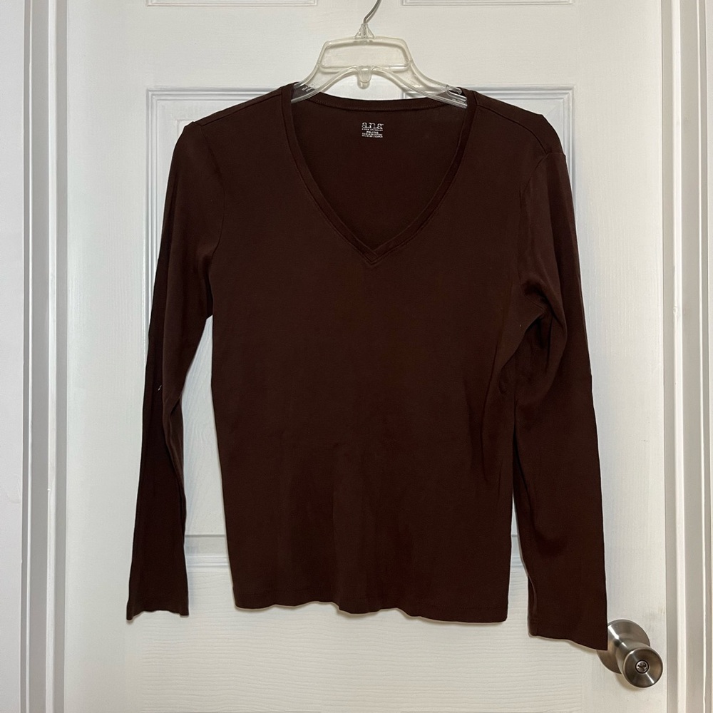 a.n.a Chocolate Cotton Long Sleeve V-Neck Top